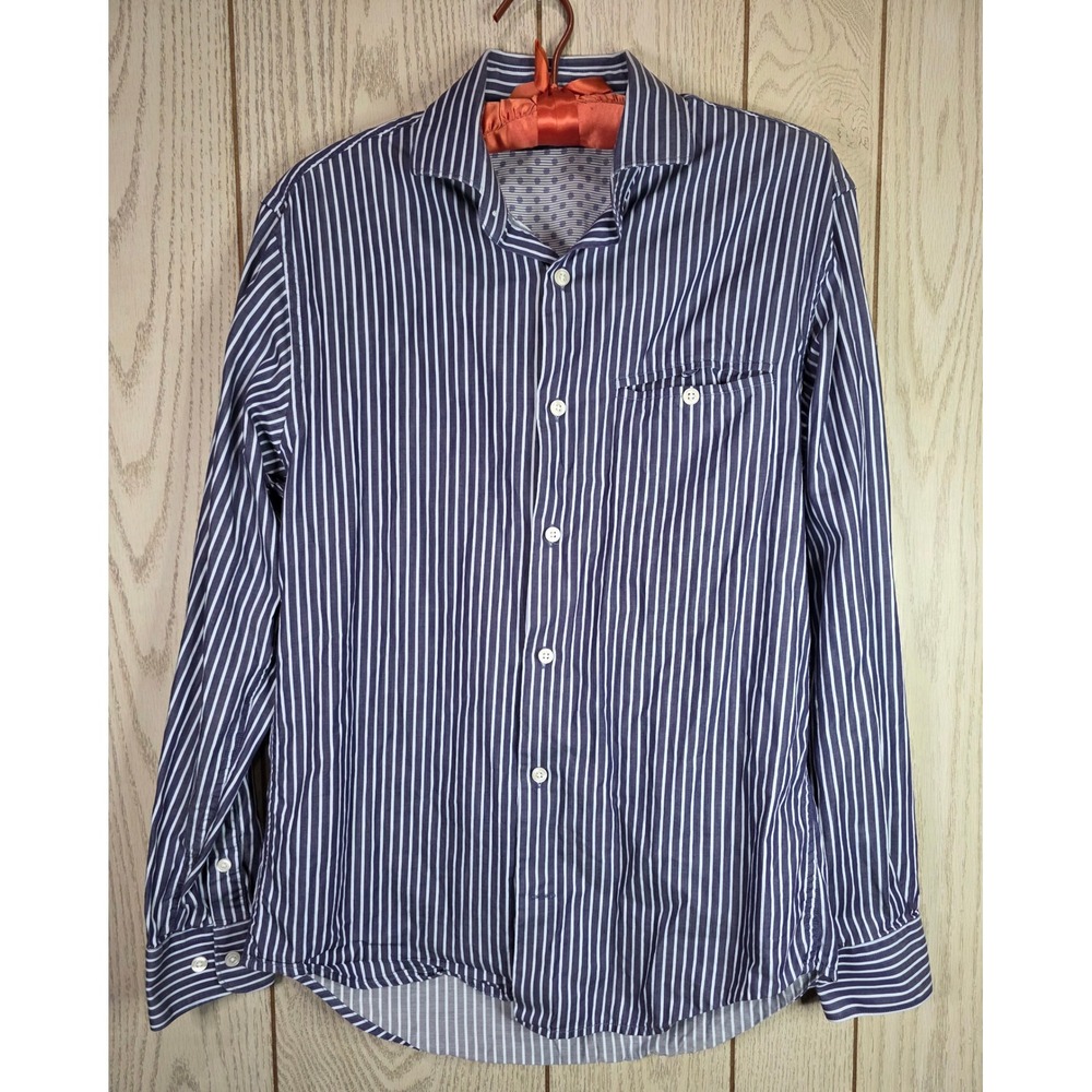 Perry Ellis Mens Small Navy Blue White Striped Long Sleeve Button Down Shirt